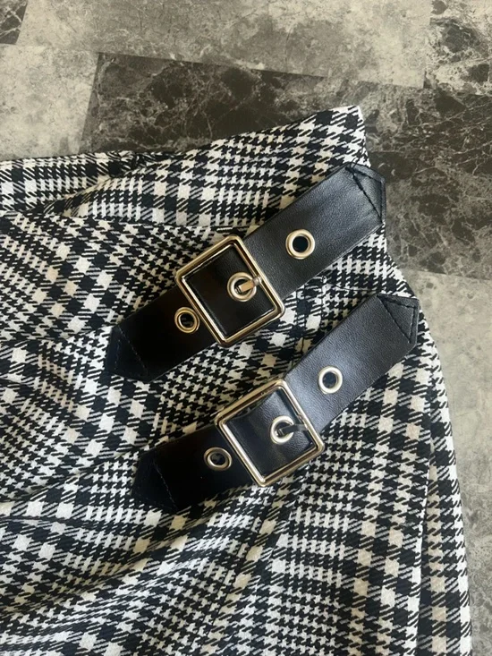 Windsor Black & White Plaid Wrap Mini Skirt with Buckle Straps - Picture 5 of 5